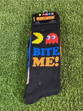 Pac Man Mens Crew Socks 'Bite Me' Shoe Size 10-13 Funny Gift Novelty Multicolor